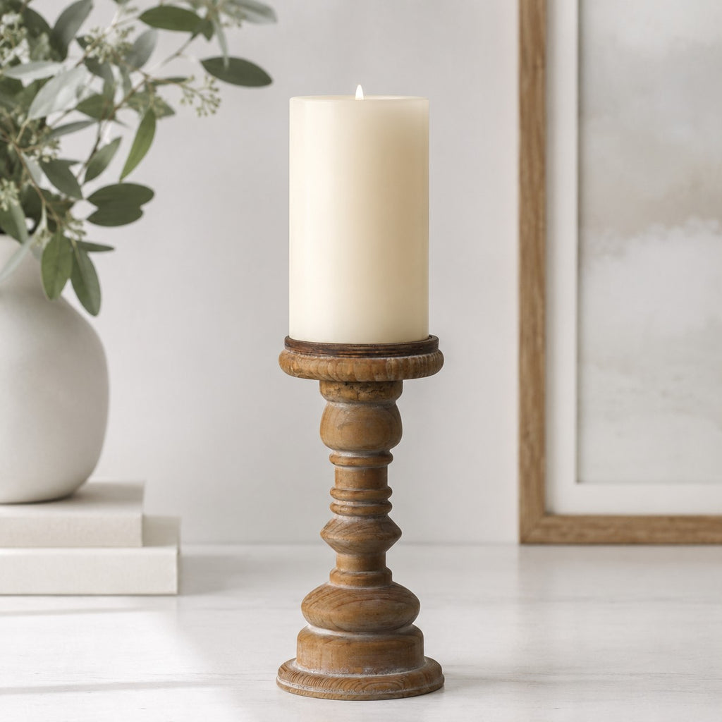 Vintage Wood Pillar Candle Holder | 9"