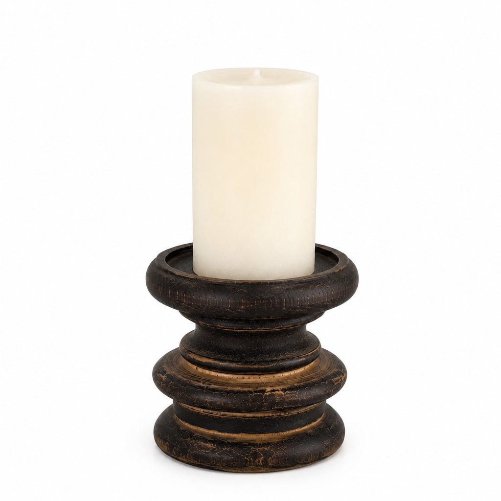 Wood Candle Holder & Cream Pillar Candle Set