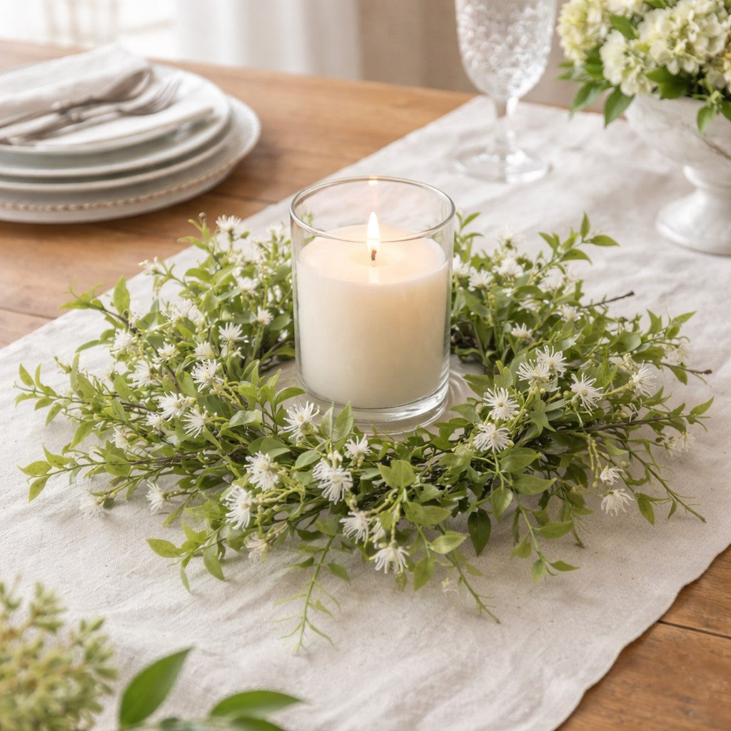 14-inch tea leaf candle ring with white blossoms, natural greenery accent for pillar candles