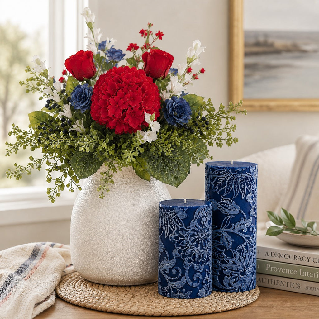 Colonial Blue Floral Embossed Candle | 3 x 4