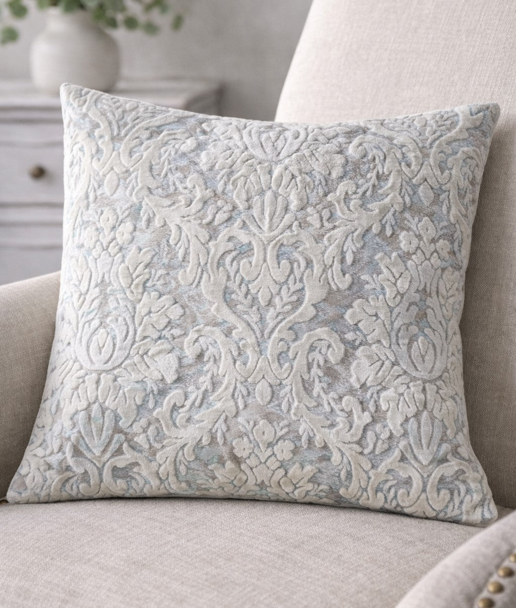 Silvered Damask velvet pillow cover with raised chenille pattern in ivory, silver-blue and taupe, 18x18 inches with concealed zipper