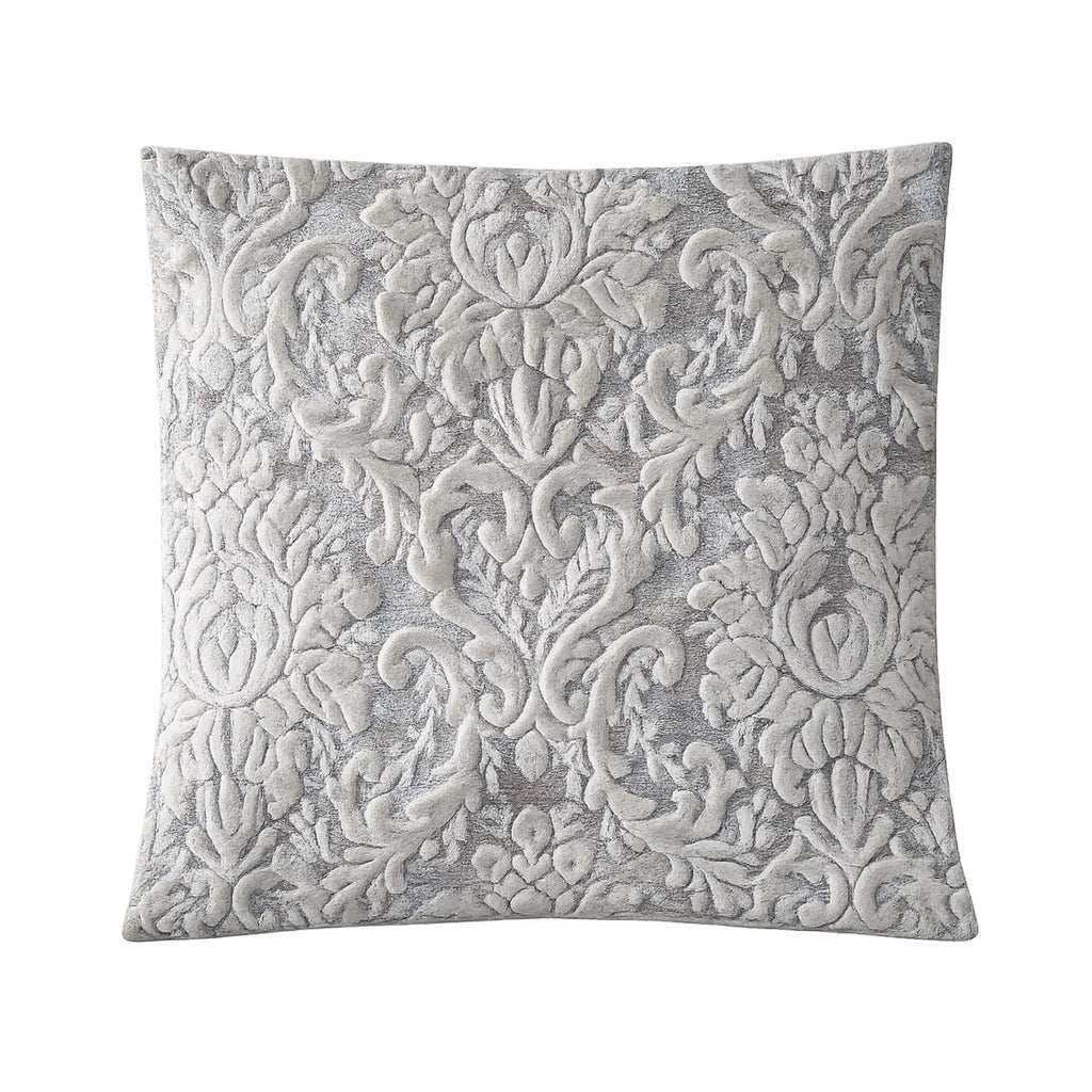 Silvered Damask velvet pillow cover with raised chenille pattern in ivory, silver-blue and taupe, 18x18 inches with concealed zipper.