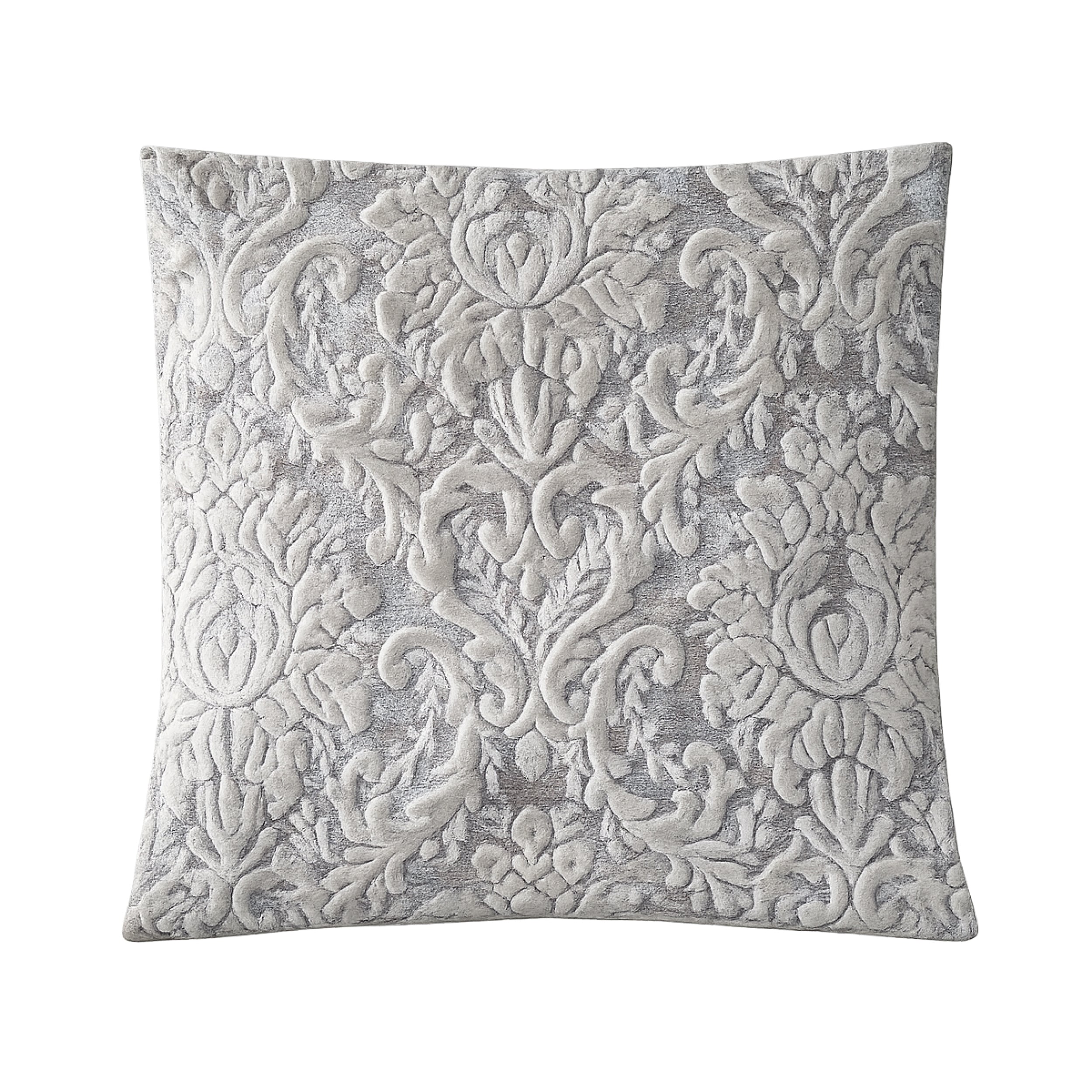 Silvered Damask velvet pillow cover with raised chenille pattern in ivory, silver-blue and taupe, 18x18 inches with concealed zipper.