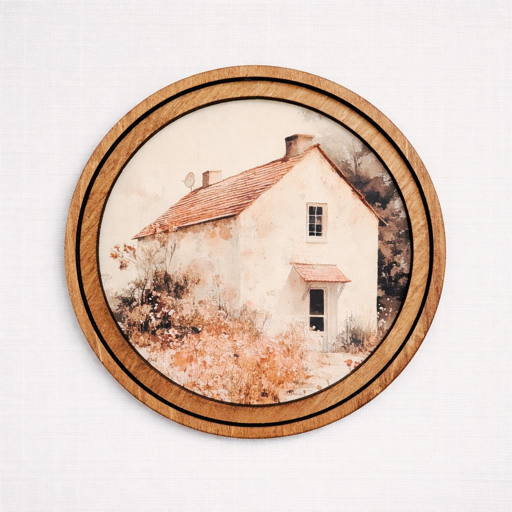 8 inch Round Cottage Art - Round canvas cottage scene artwork in warm Early American double-layered wood frame for farmhouse shelf and wall decor