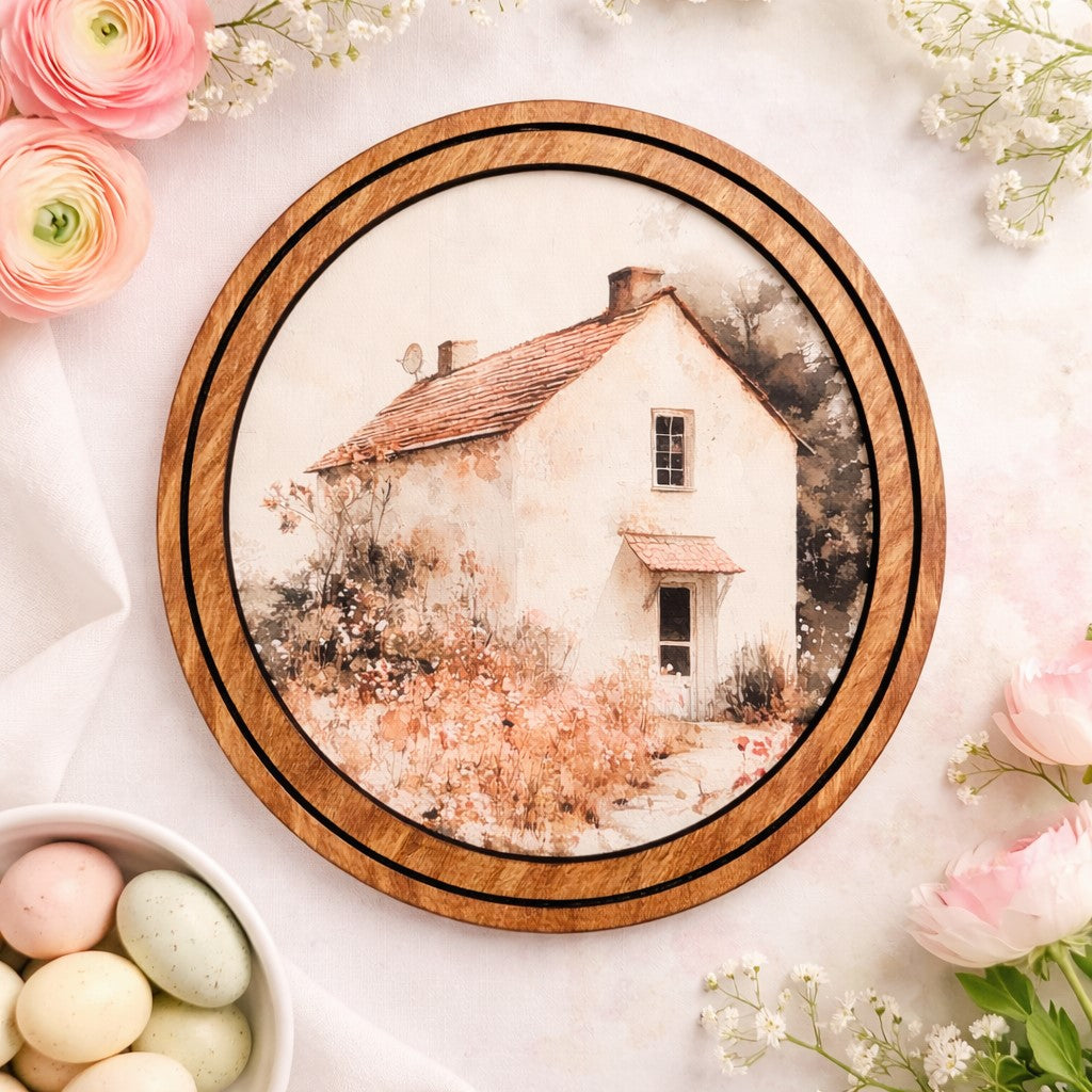 8 inch Round Cottage Art - Round canvas cottage scene artwork in warm Early American double-layered wood frame for farmhouse shelf and wall decor