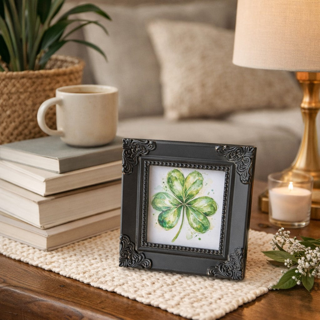 The Cottage Clover 4x4 framed watercolor shamrock art in ornate chalk black resin frame with decorative beaded border and vintage corners