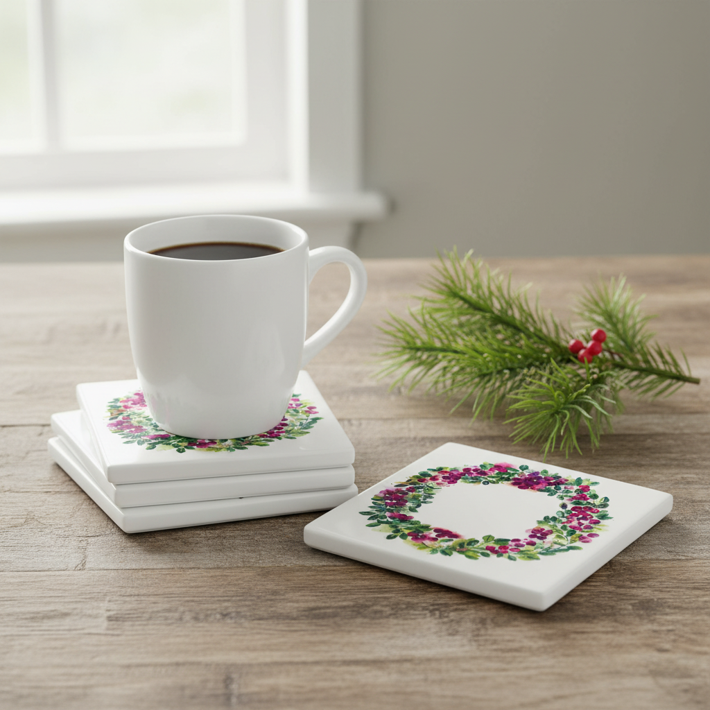 Cranberry Wreath Ceramic Coasters Set/4 