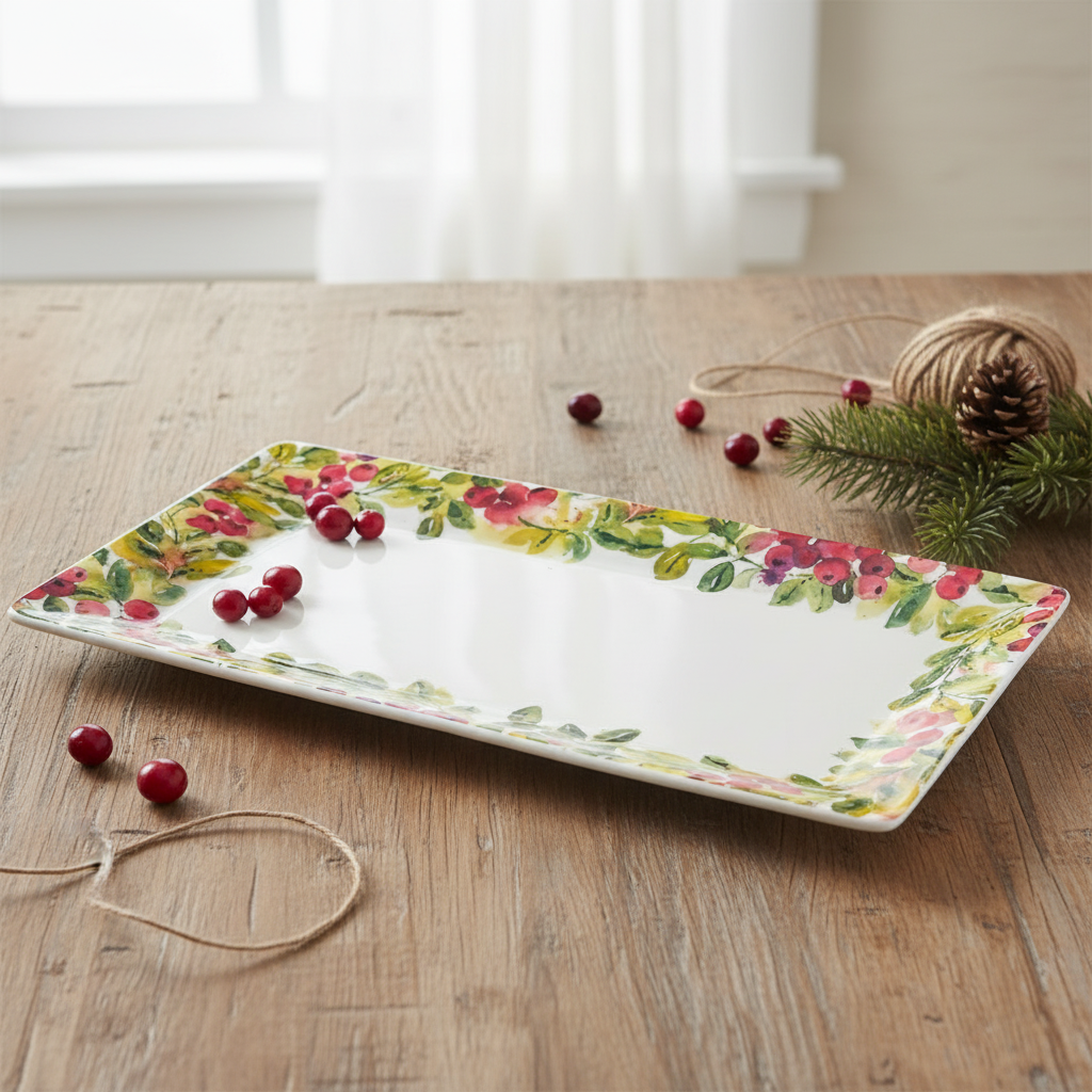 Cranberry wreath ceramic server 14 inch rectangle platter farmhouse Christmas decor