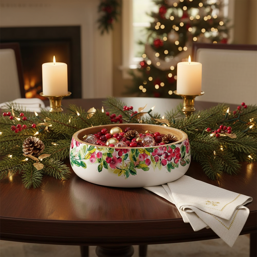 Cranberry Wreath Mango Wood Bowl Holiday Display