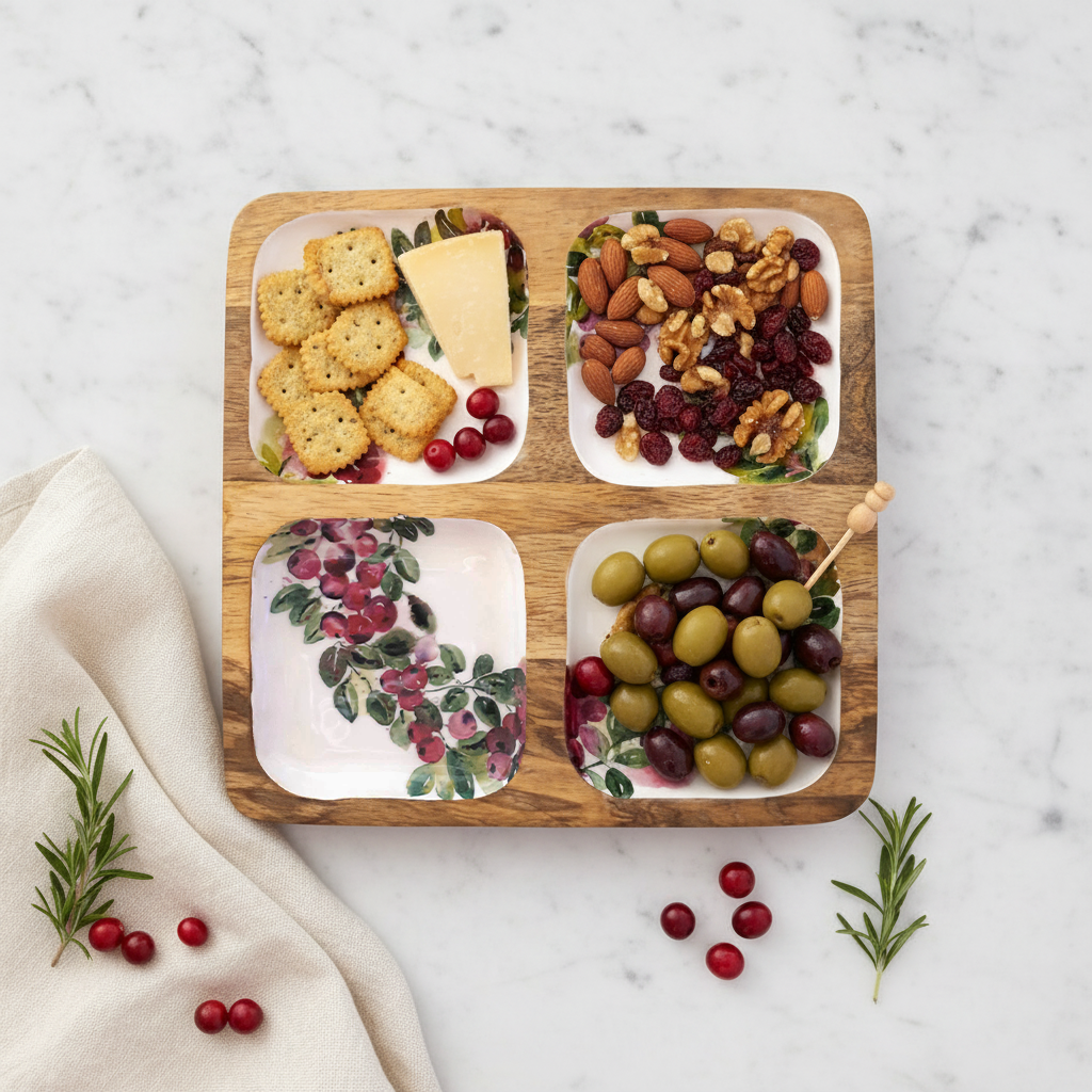 Cranberry wreath mango wood tray 10 inch 4-section serving tray farmhouse Christmas decor