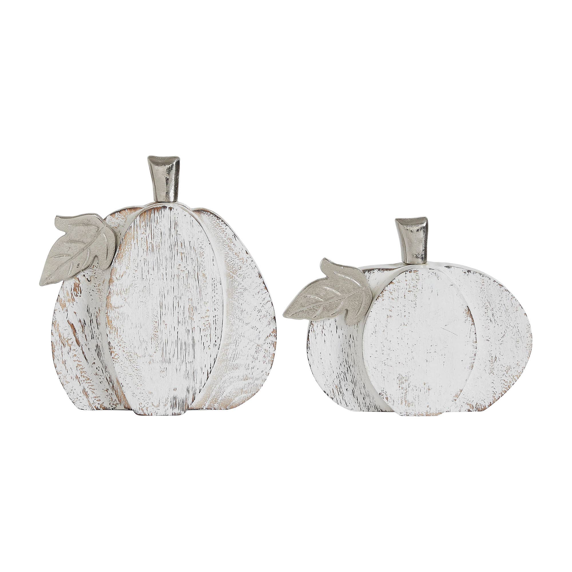 Two white wooden pumpkins with leaf decorations on a white background