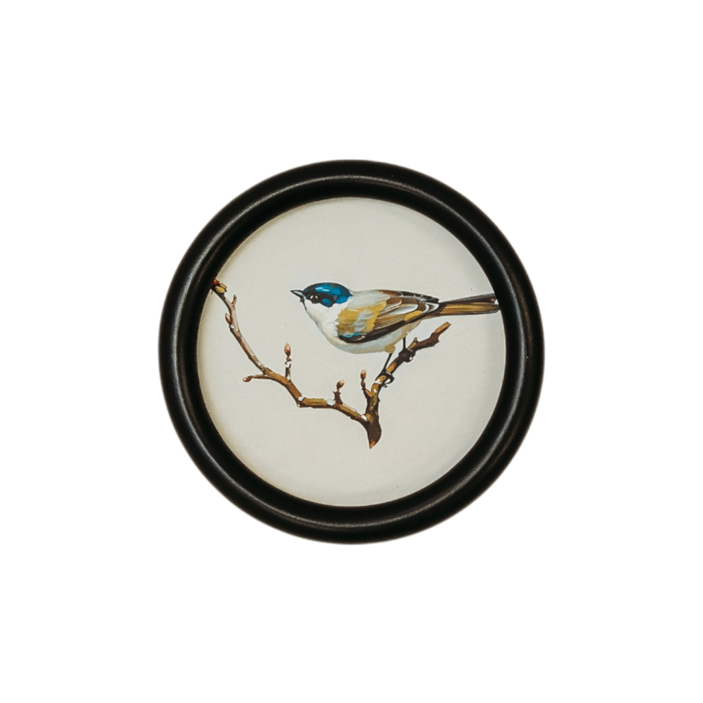 Bird Wall Art Song Bird Blue Yellow - 5.75 inch round framed songbird on branch artwork in soft blue and beige tones with black frame for gallery wall decor
