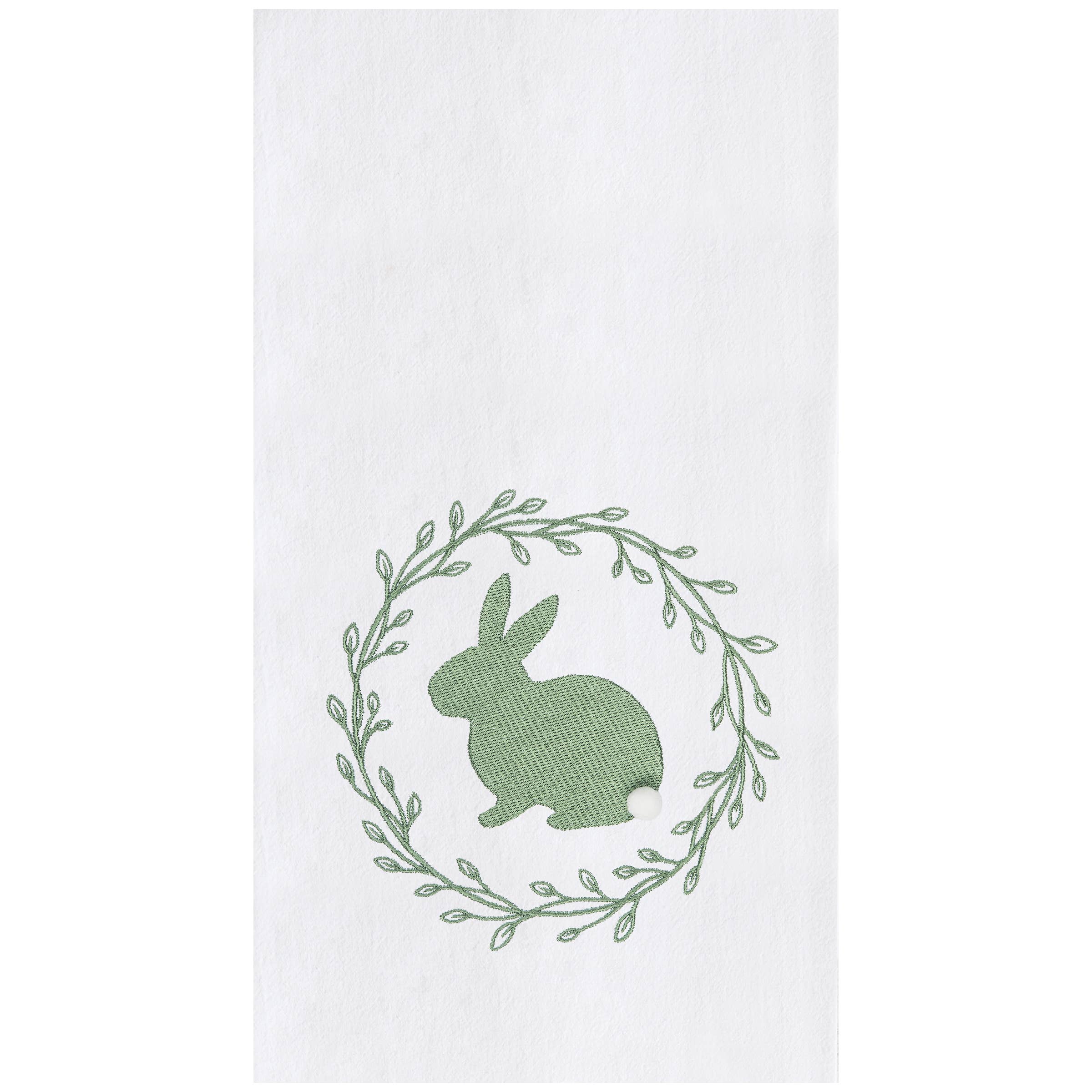 Spring Greens Bunny Kitchen Towel in sage green with white bunny tail and floral spring design