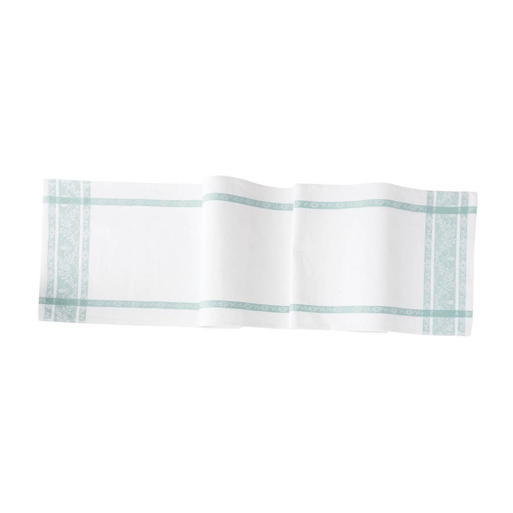 Quiet Aqua Jacquard Table Runner, 13 by 72 inch cotton table runner with soft aqua striping and botanical detailing for dining decor