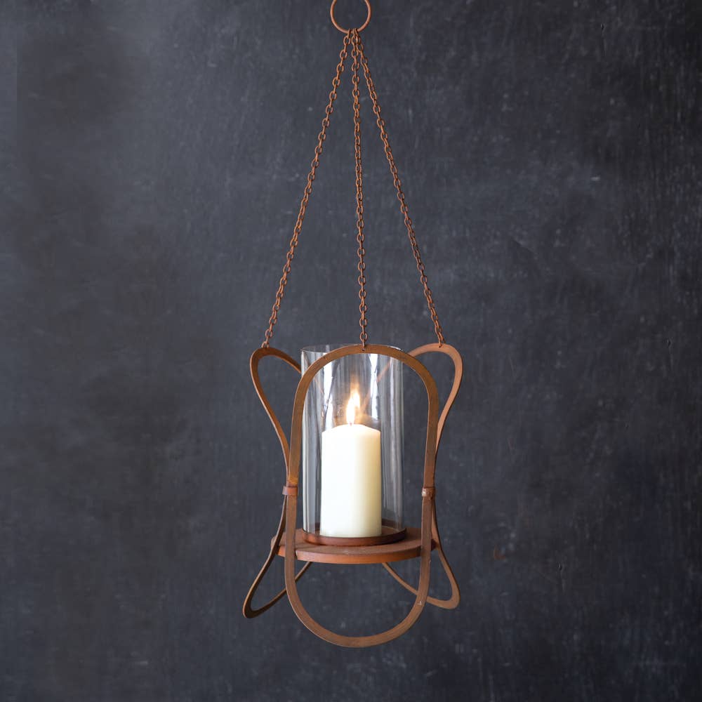 Rowan rustic metal candle lantern with glass panels farmhouse hanging decor