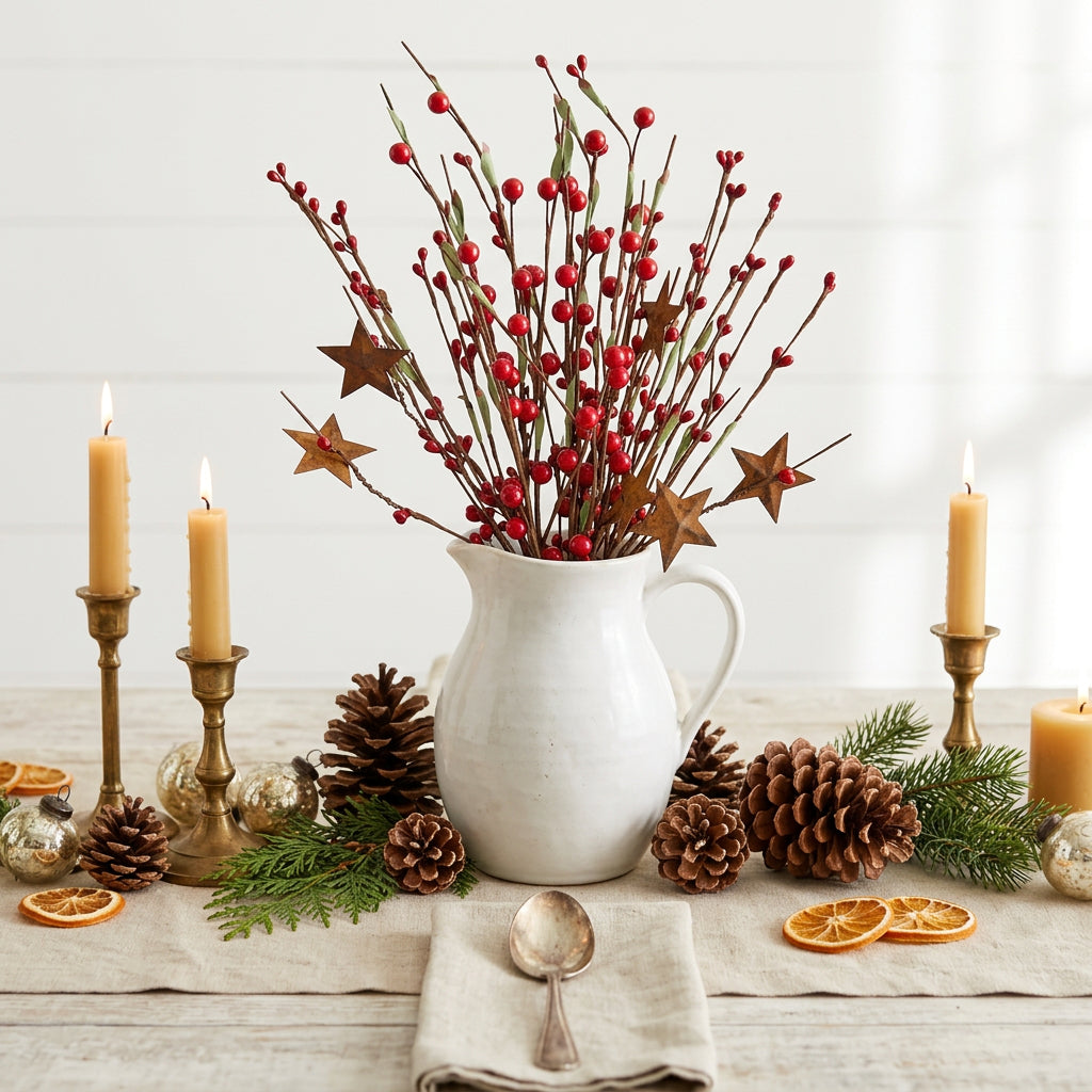 Artificial Christmas berry branch with red berries, brown twigs, and three bronze star ornaments on a white background with a product tag.