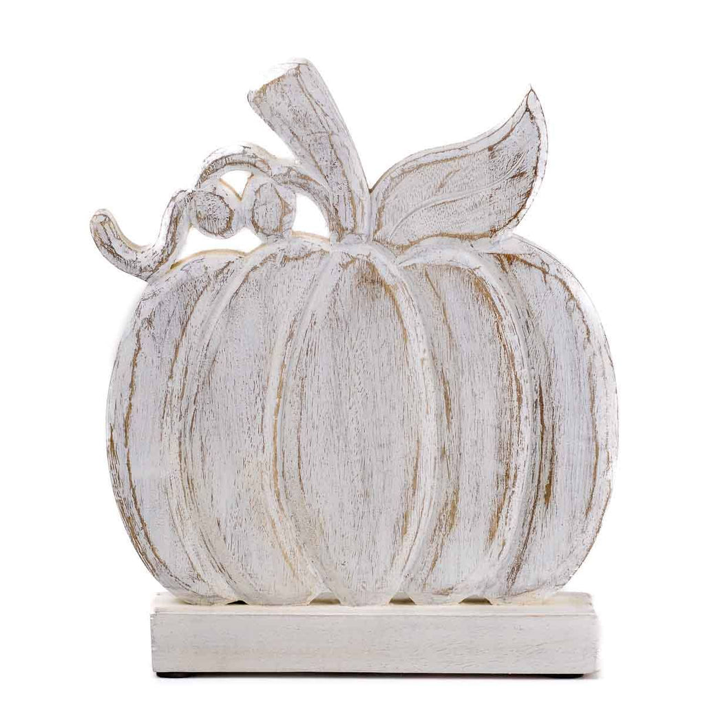 Decorative white pumpkin with a distressed finish on a white background
