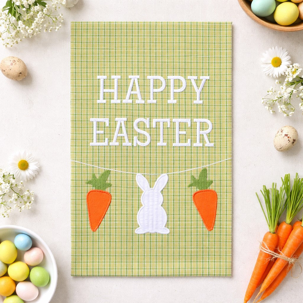 Easter Kitchen Towel in celery green with white bunny silhouette and floral spring design