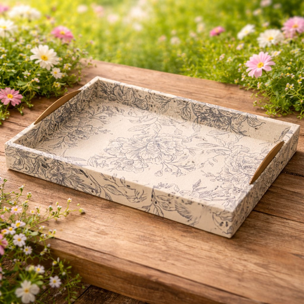Floral Fabric Wrapped Tray - Cream/Blue