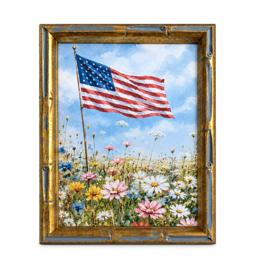 American flag waving in a field of flowers with a gold bamboo frame.