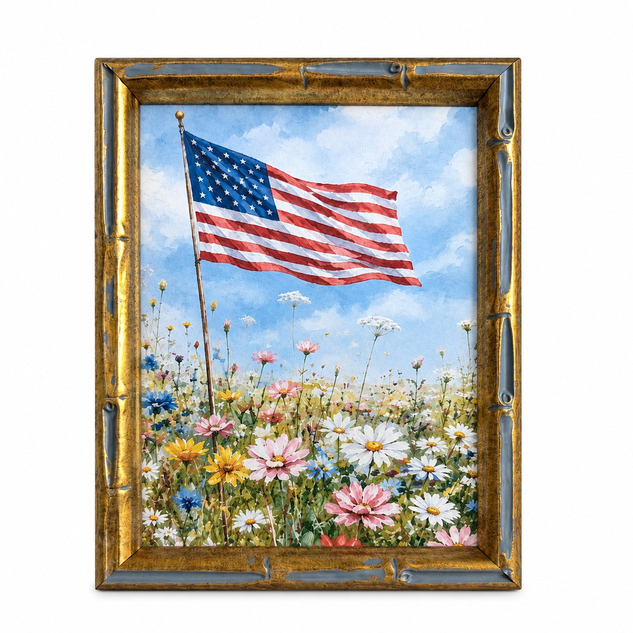 American flag waving in a field of flowers with a gold bamboo frame.