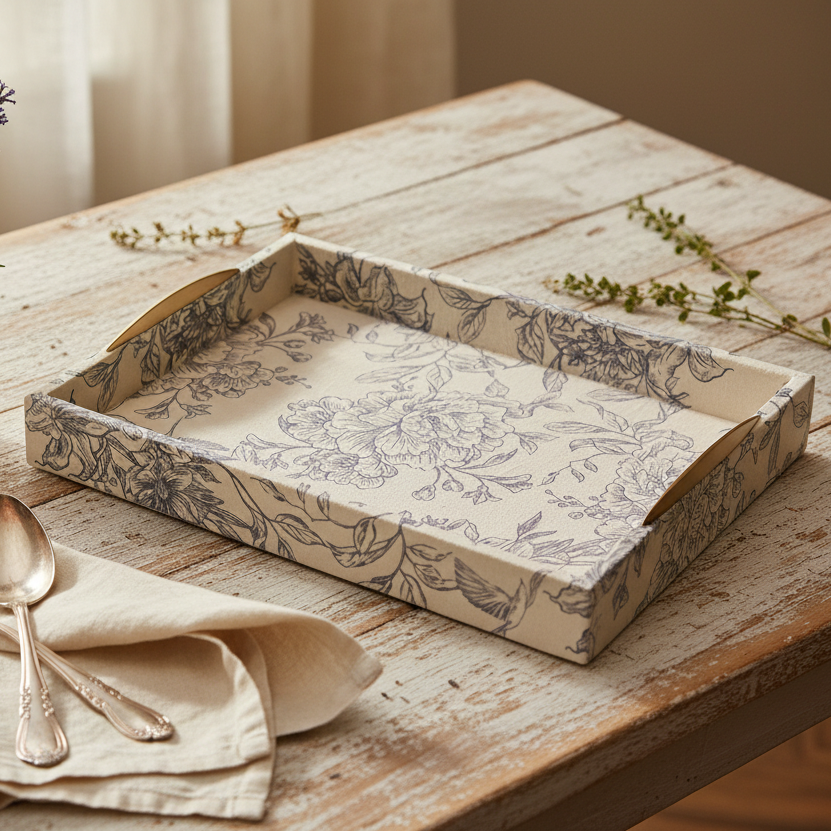 Floral Fabric Wrapped Tray Cream Blue - 15.75 inch fabric-wrapped serving tray with soft cream and blue floral pattern for French country mantel and coffee table decor