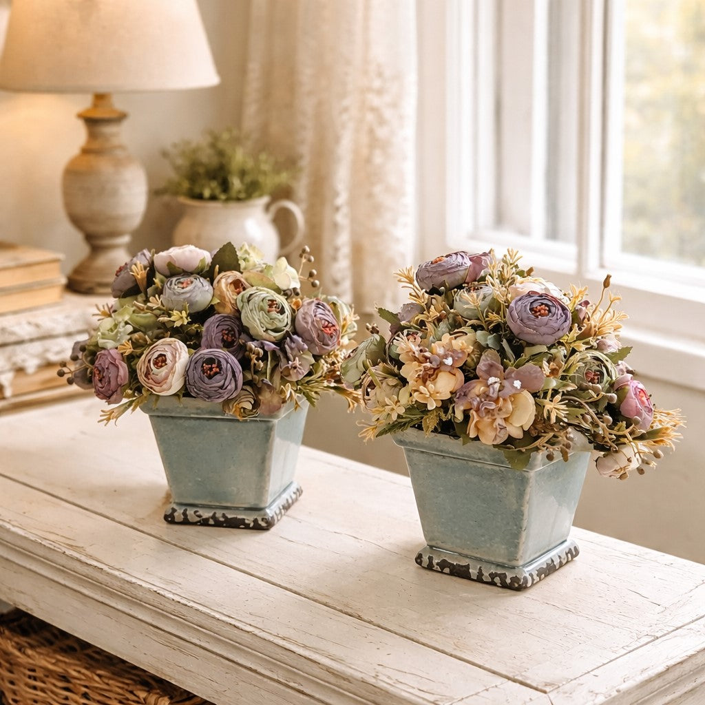 Faded garden floral arrangement in 8 inch distressed white planter with soft neutral blooms