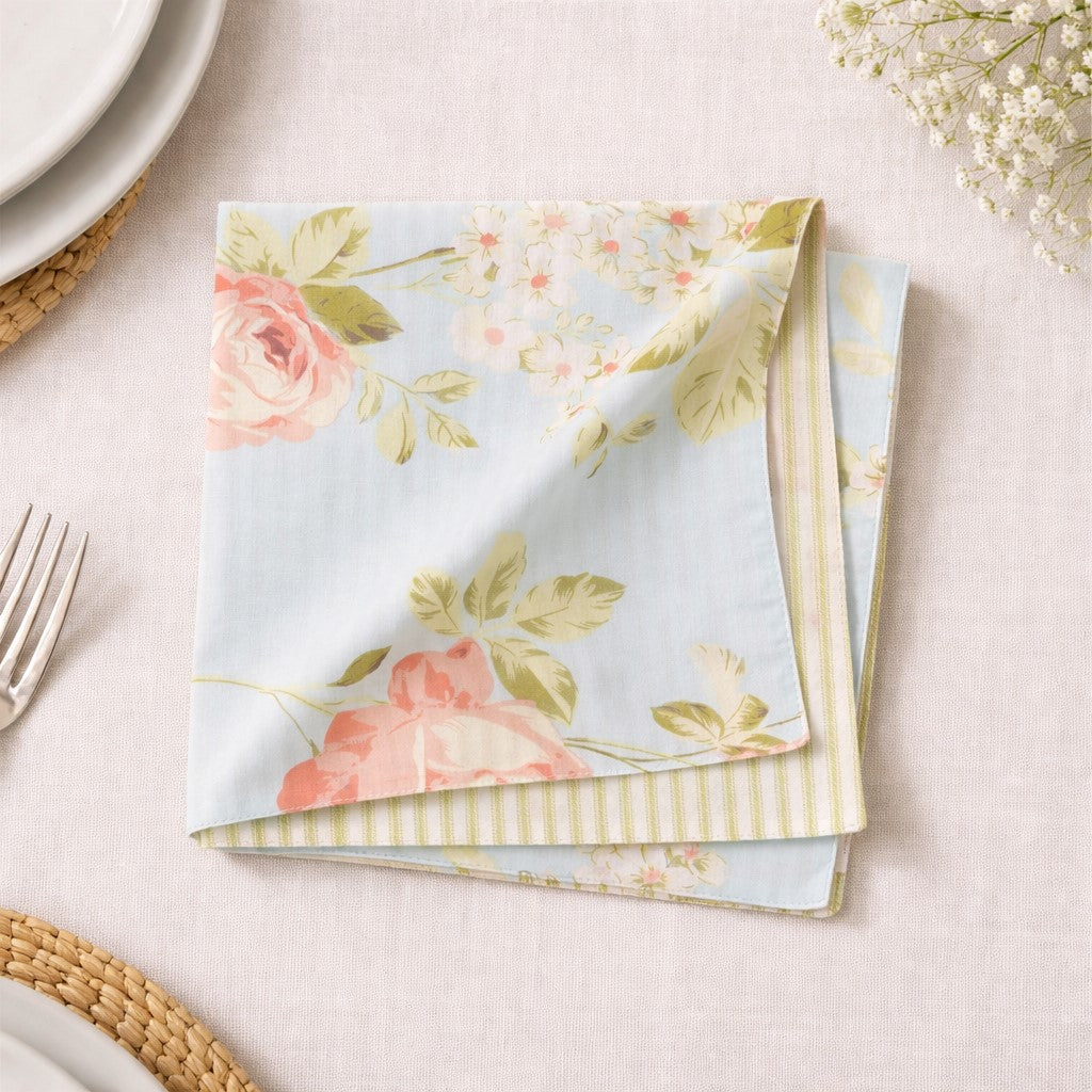 Willoughby Blue Garden Napkin reversible design with blue floral botanical print on cream background