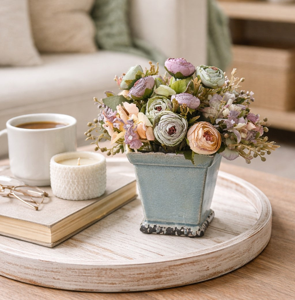 Faded garden floral arrangement in 8 inch distressed white planter with soft neutral blooms