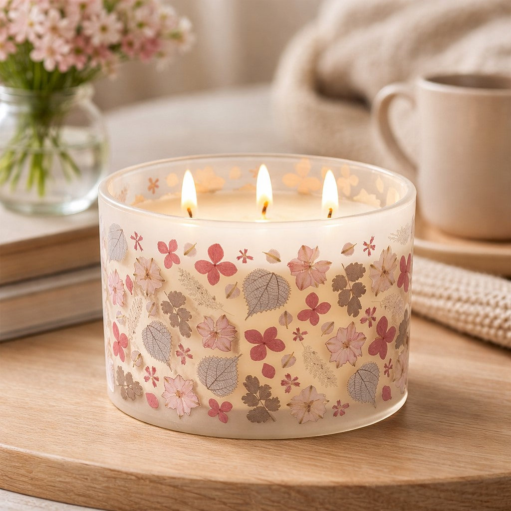 Pink Flowers Candle Vanilla Scented Soy - Frosted white jar candle with pink pressed-floral design and three wicks for French vanilla scented spring home decor