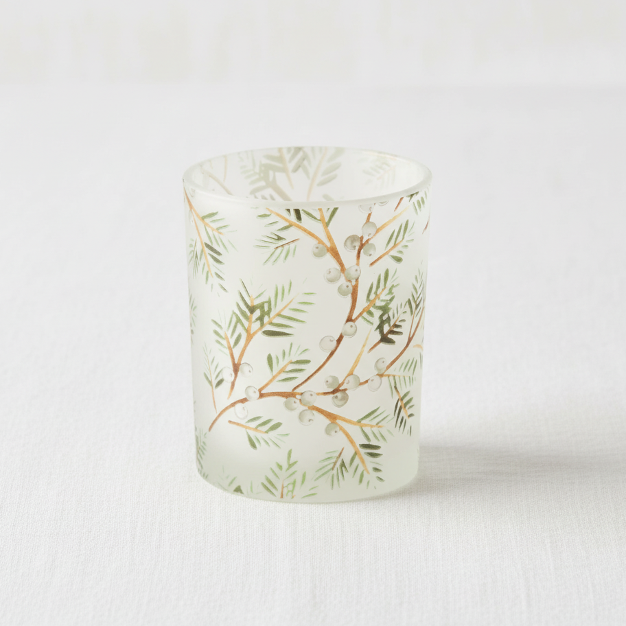 Frosted Evergreen Votive on Linen Backdrop
