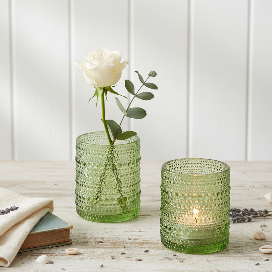 Gemma beaded sage green mini vase vintage glass vase and votive holder farmhouse decor 4"