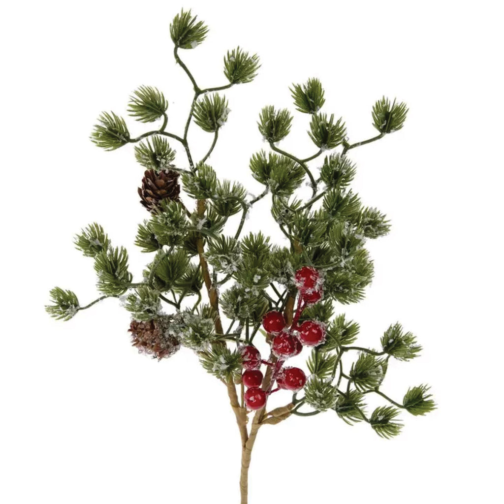 Frosted Pine & Red Berry Christmas Pick | 15" Holiday Greenery Stem