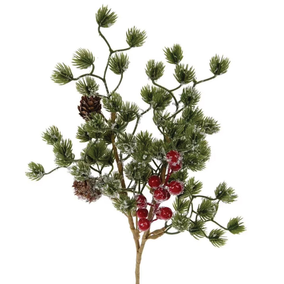 Frosted Pine & Red Berry Christmas Pick | 15" Holiday Greenery Stem