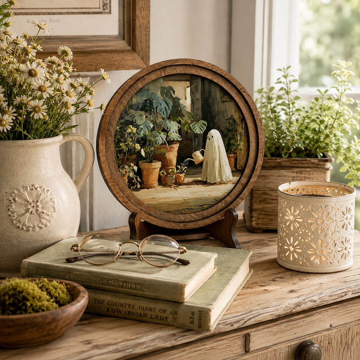 Round wooden-framed ghost gardener artwork styled on a rustic table with vintage books, daisies, and houseplants in warm natural light.