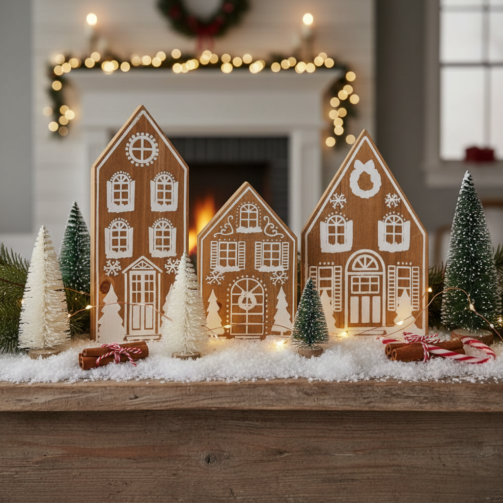 Gingerbread houses set of 3 wooden Christmas decor 5.75 to 9 inch farmhouse holiday decor