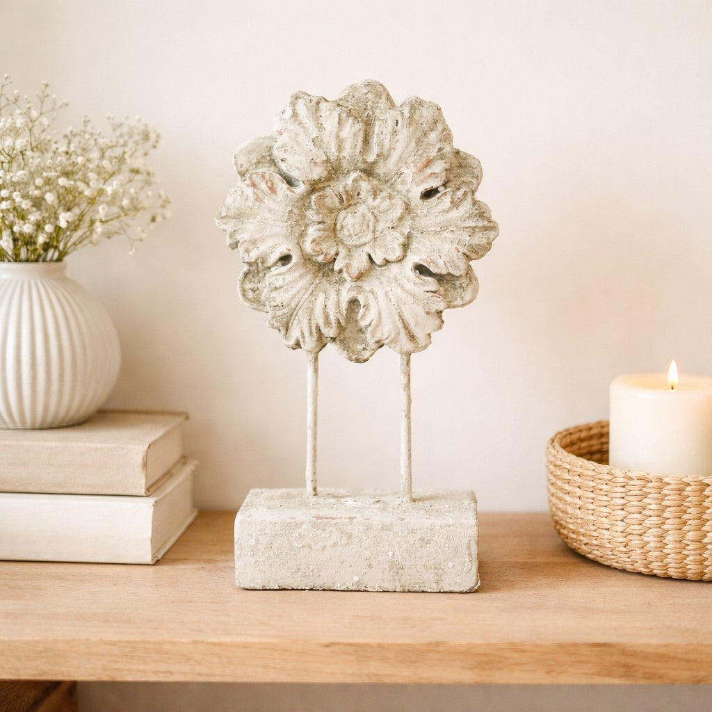 Giselle Medallion Sculpture - 16.5" Cement Floral Accent Antique Cream