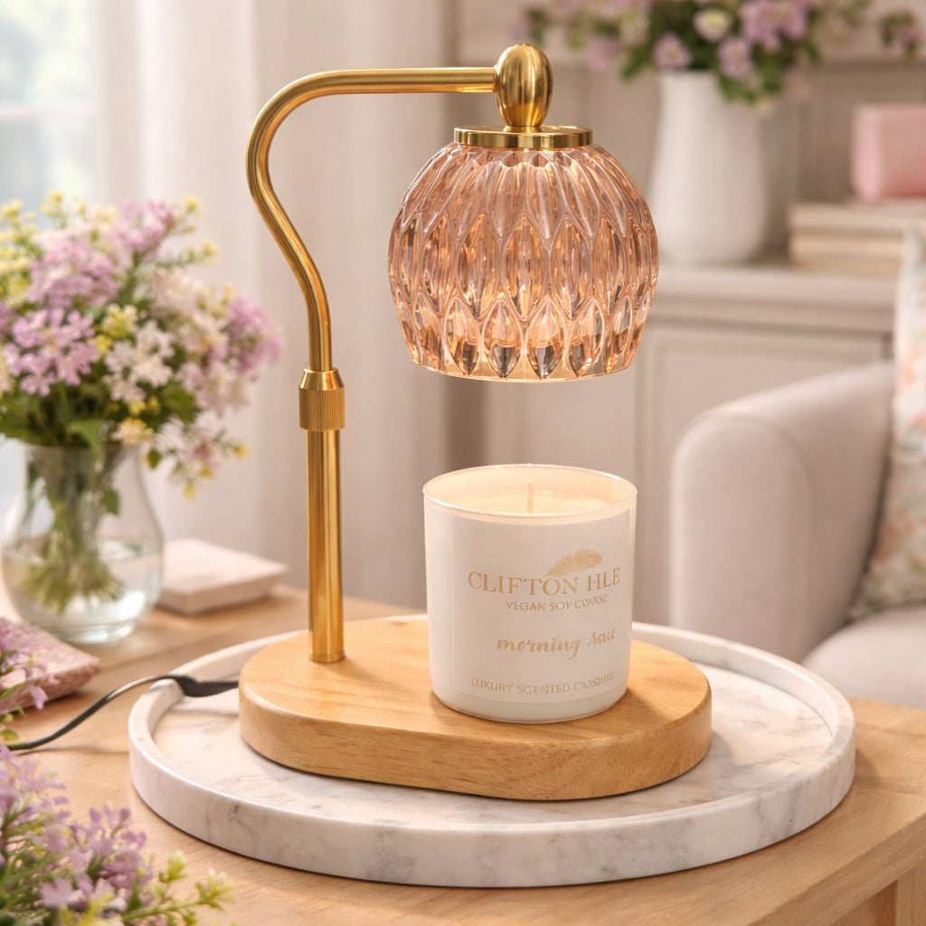 Candle Warmer Lamp | Crystal Glass & Wood Base | Gold