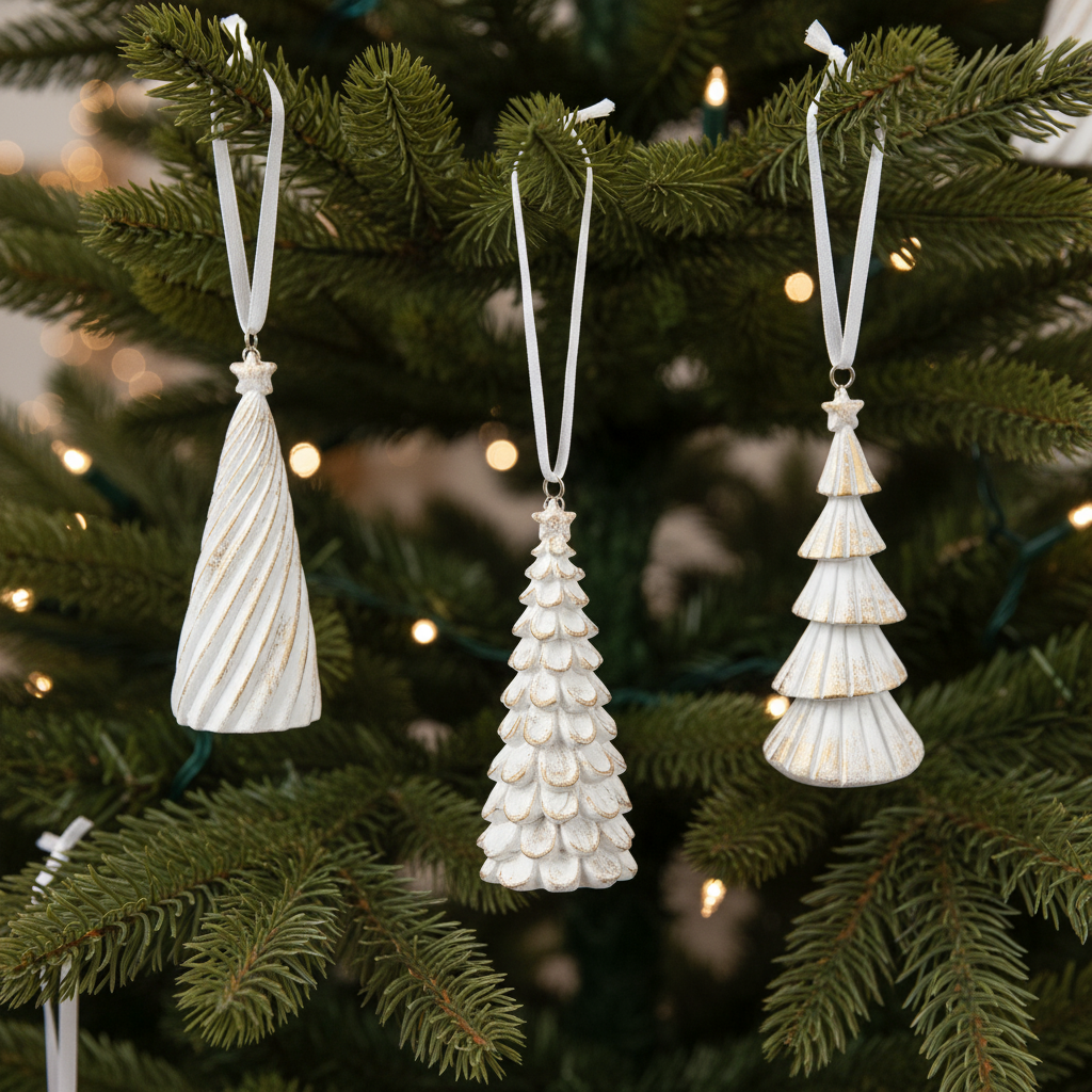 Golden Frost white and gold resin Christmas tree ornament set of 3 holiday decor