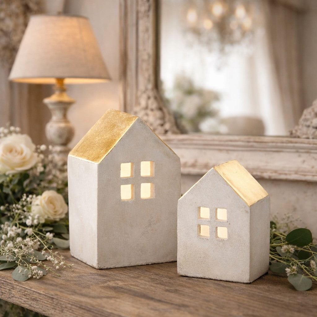 Golden Hearth Houses Set of 2 | Ceramic Votive Holders