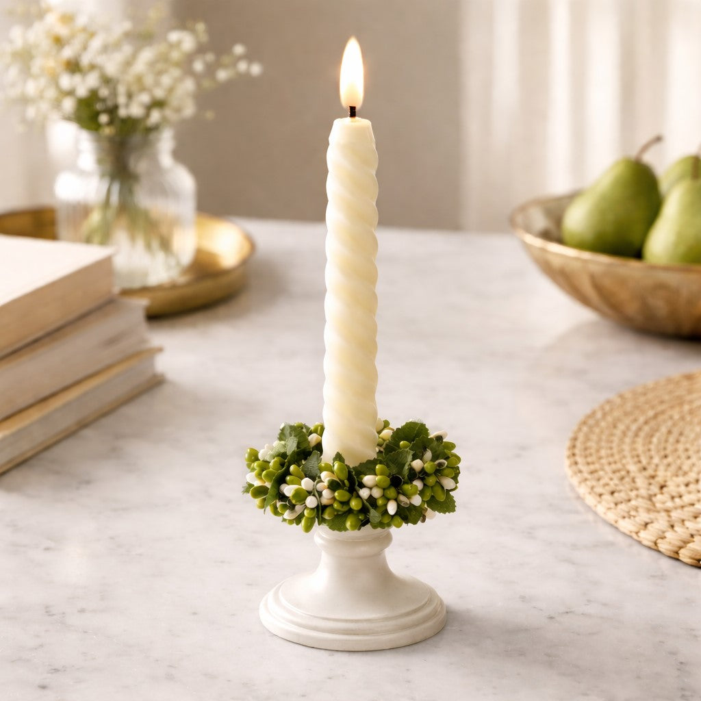 Olive and Cream Pip Berry Ring, 3 inch candle ring or napkin ring with green and cream berries for table decor