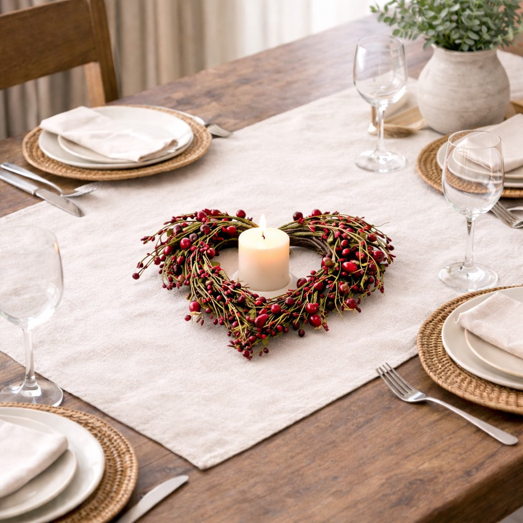 Natural twig heart wreath with leafy accents and romantic red berries, wall decor