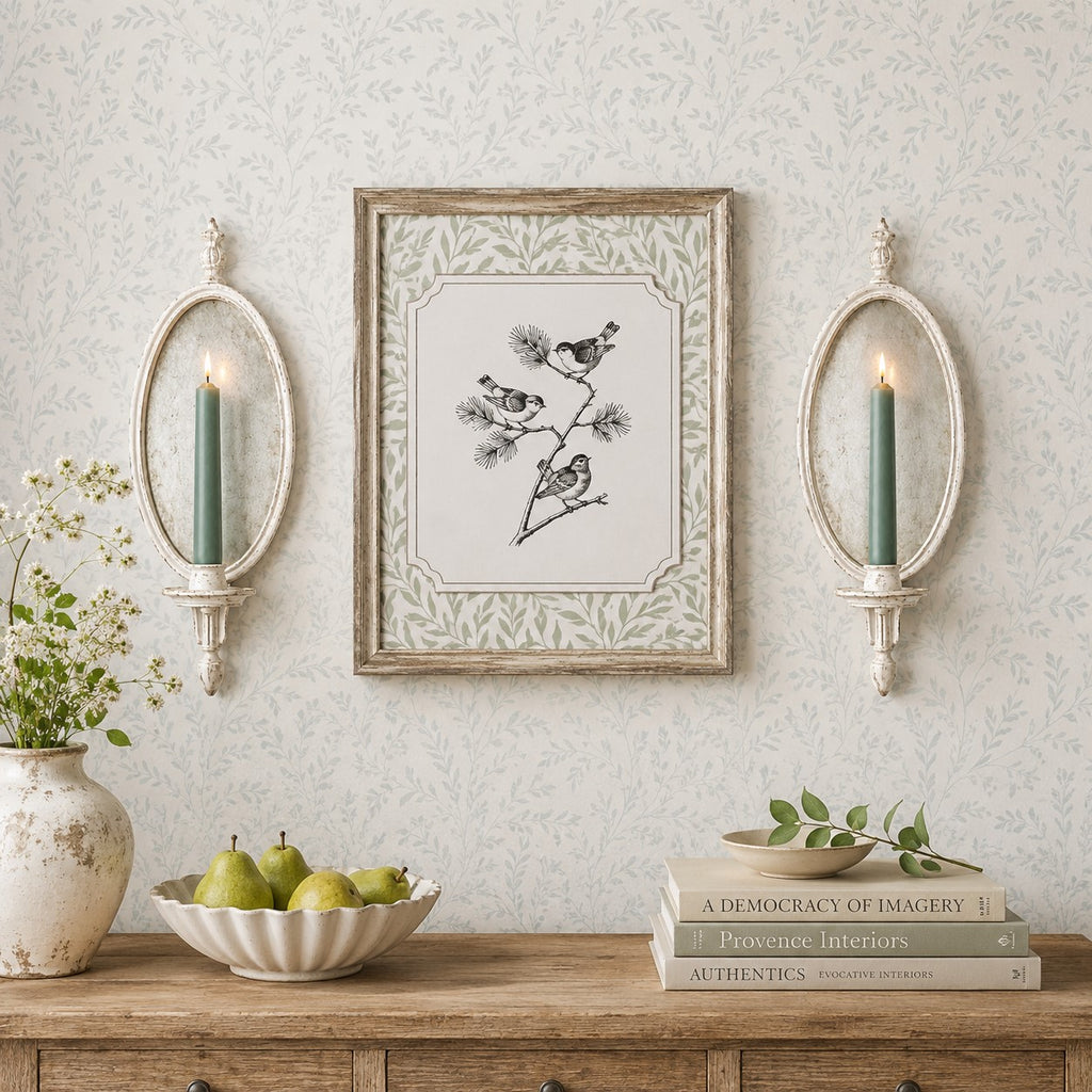 Decorative wall setting with framed artwork, candles in white distrssed candle sconce, and books on a wooden surface.