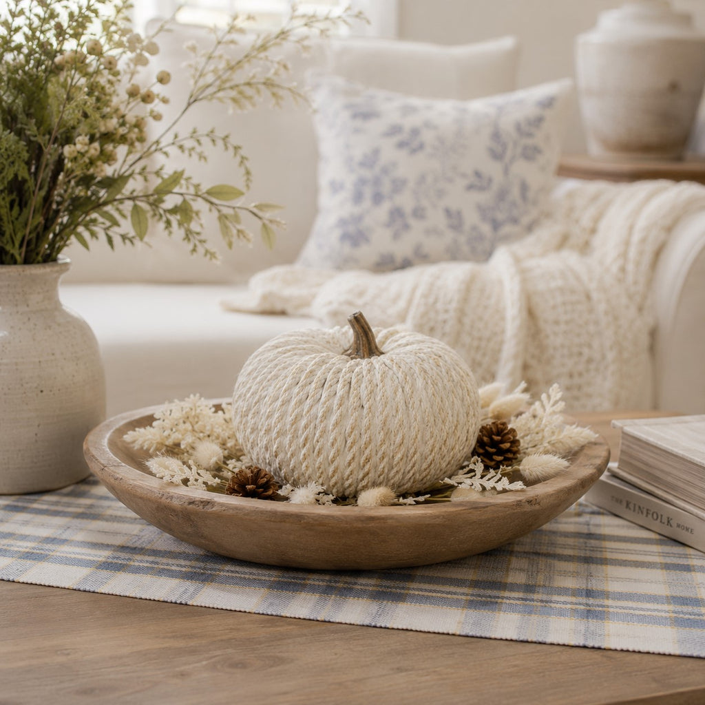 A decorative rope-wrapped pumpkin sits in a wooden bowl with dried flowers and pinecones on a plaid runner in a softly styled living room setting.
