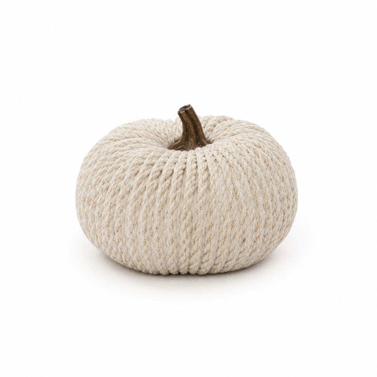 A decorative rope pumpkin made from thick, textured cream-colored twisted rope, featuring a small brown faux-stem at the top, set against a plain white background.