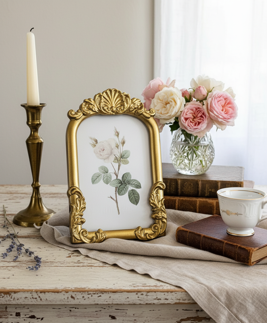 Juliette Rose botanical art print 4x6 in gold ornate frame farmhouse decor