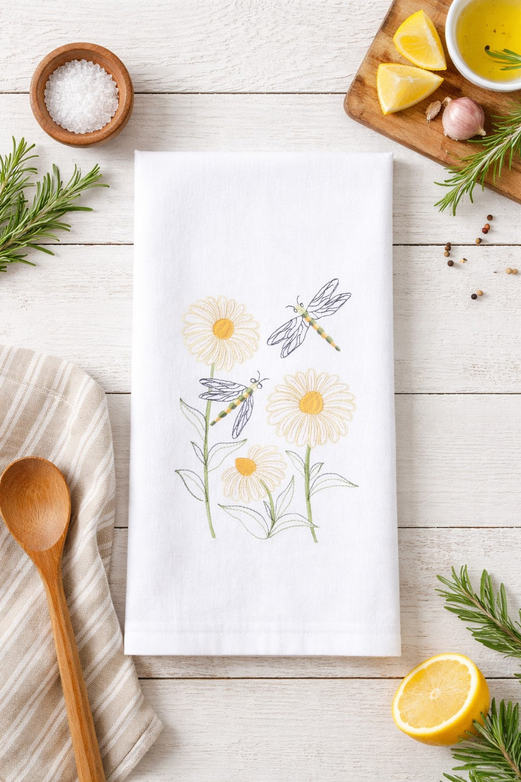 Dragonflies and Daisies Floral Kitchen Towel, cotton embroidered dish towel with dragonfly and flower design for  kitchen decor