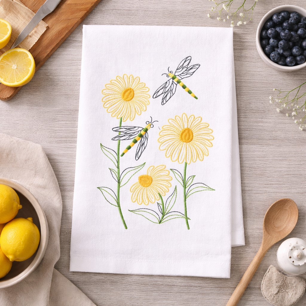 Dragonflies and Daisies Floral Kitchen Towel, cotton embroidered dish towel with dragonfly and flower design for  kitchen decor