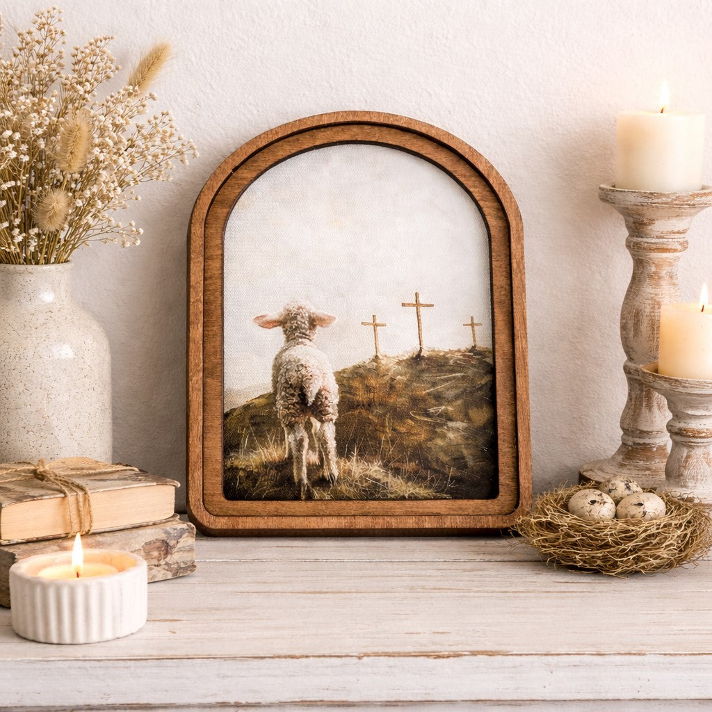 Faith and Grace Lamb Arch 6x8 framed canvas art with wood frame