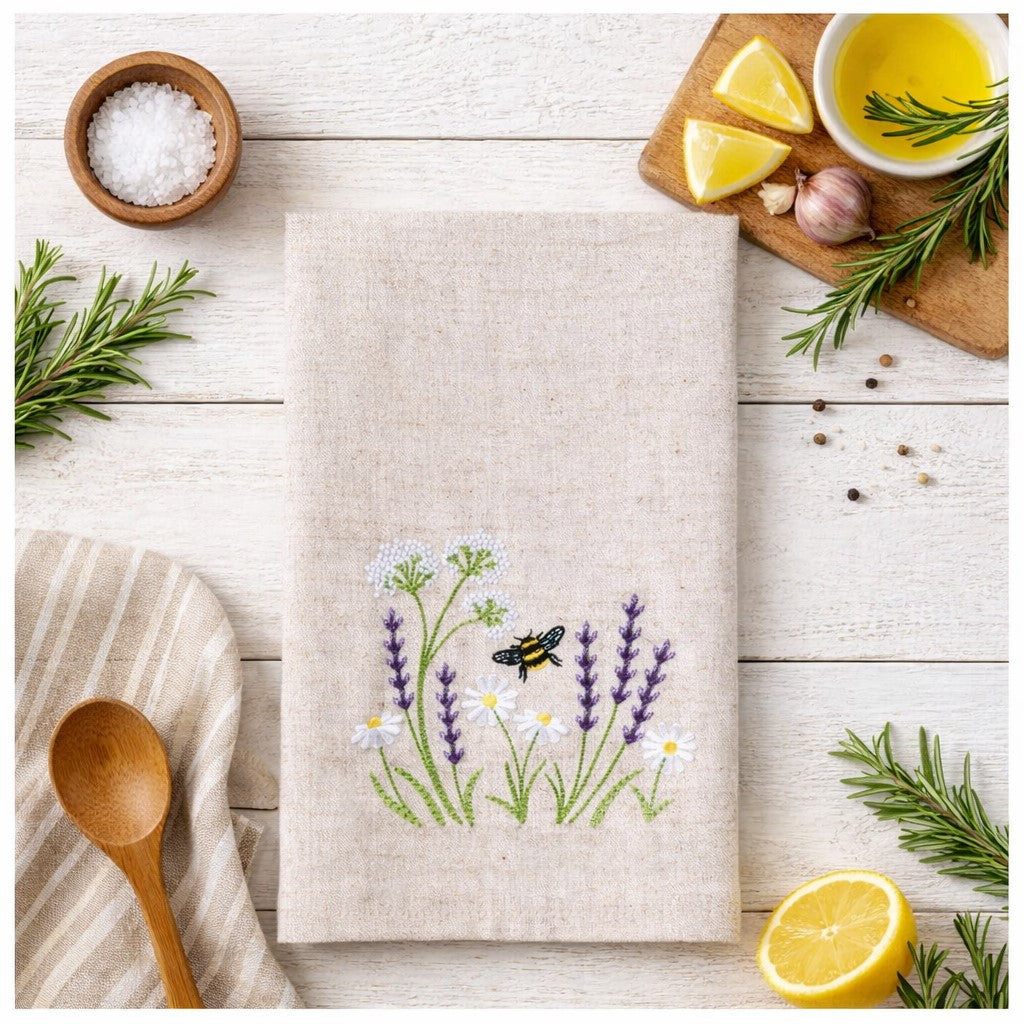Lavender and Bee Garden Floral Kitchen Towel, gray cotton embroidered dish towel with daisies lavender and bees for kitchen decor